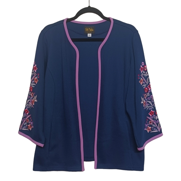 Bob Mackie Sweaters - BOB MACKIE Embroidered Floral Print Lilac Purple Navy Blue Knit Cardigan Sweater